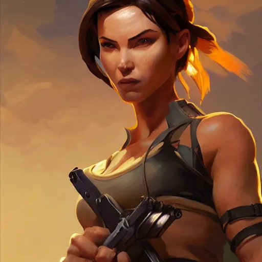 Image similar to greg manchess portrait painting of partially armored lara croft as overwatch character, close - up shot, asymmetrical, profile picture, organic painting, sunny day, matte painting, bold shapes, hard edges, street art, trending on artstation, by huang guangjian and gil elvgren and sachin teng