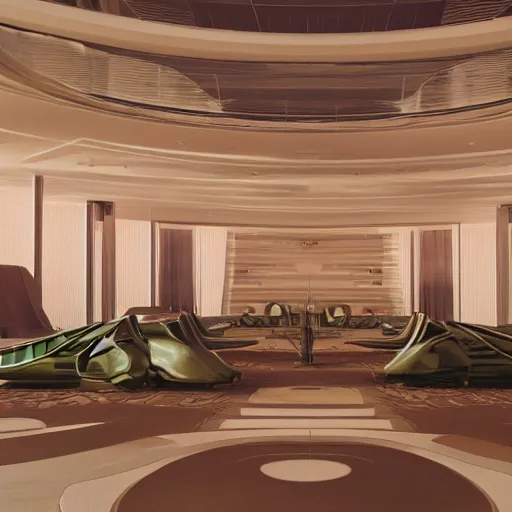 Image similar to the council of all worlds, science fiction, opulent, huge 7 0 s hotel, logan's run, syd mead, retrofuture, octane render