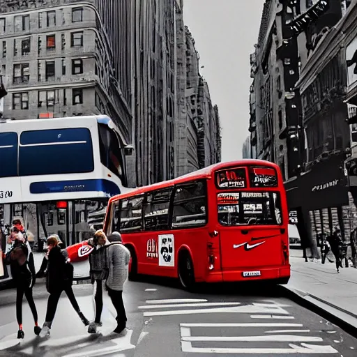 Image similar to a typical london bus crashing with a gigantic nike air max 9 0 in the 5 th avenue, new york, realistic, by origiful, 4 k