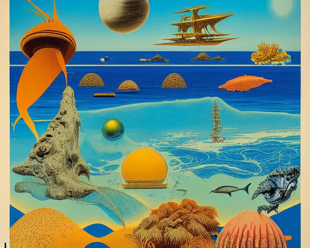 Prompt: 1976 science fiction poster, cut out, classic greek, beach on the outer rim, epic theater, tropical sea creatures, aquatic plants, drawings in style of Terry Gilliam, composition William S Boroughs, written by Michael Ende
