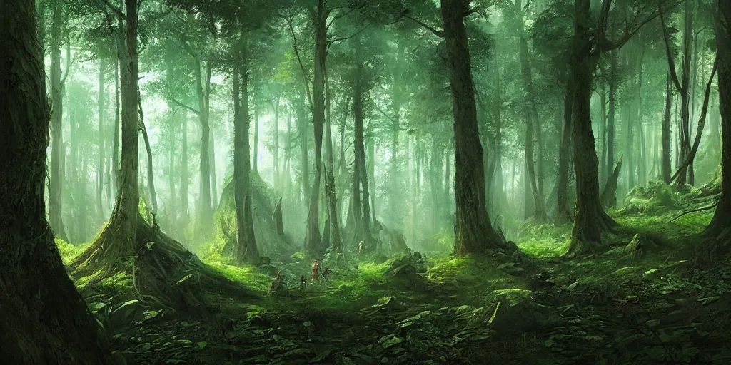 Prompt: green fire flies in an ancient forest, greg rutkowski, 8 k, shallow depth of field, ultra high detail, concept art,