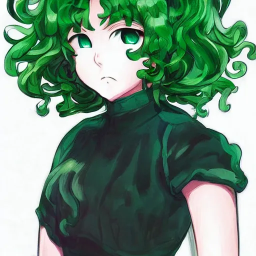 Image similar to beautiful portrait art of tatsumaki with green curly hair, trending on pixiv booru artstation, detailed anime illustration