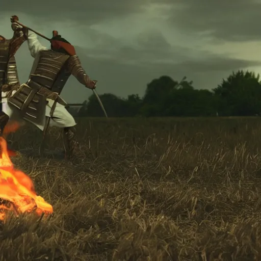 Image similar to cinematic film still Pharrell Williams starring as a Samurai holding fire, Japanese CGI, VFX, 2003, 40mm lens, shallow depth of field,film photography