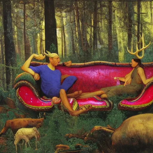 Image similar to psychedelic couch sofa in the lush pine forest, milky way, people with moose antlers, designed by arnold bocklin, jules bastien - lepage, tarsila do amaral, wayne barlowe and gustave baumann, cheval michael, trending on artstation, star, sharp focus, colorful refracted sparkles and lines, soft light, 8 k 4 k