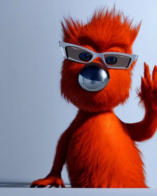 Image similar to 3 d render of completely red hairy friendly antropomorphic cartoony creature wearing chrome shades, without nose, full body, in the style of pixar, simple, cute, white background, unreal engine 5, octane render, highly detailed hdr