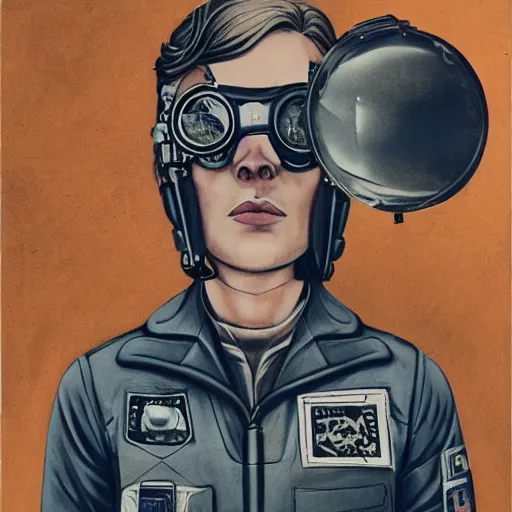 Prompt: detailed portrait of heroic square - jawed emotionless serious blonde butch woman mechanic, tribal tattoos, with dark brass victorian goggles, handsome, short slicked - back hair, wearing flight suit, looking distracted, awkward, standing in front of small spacecraft, by jon foster, rough paper