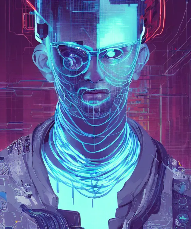Image similar to a portrait of a male cyberpunk netrunner made of cables, fantasy, elegant, digital painting, artstation, concept art, matte, sharp focus, illustration, art by josan gonzalez