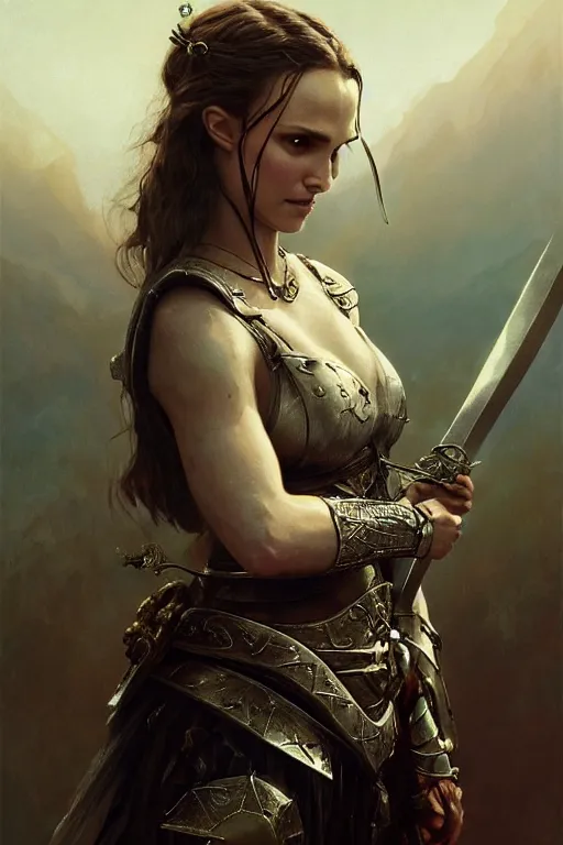 Image similar to natalie portman, legendary warrior, heroic, lord of the rings, tattoos, decorative ornaments, battle armor, by carl spitzweg, ismail inceoglu, vdragan bibin, hans thoma, greg rutkowski, alexandros pyromallis, perfect face, fine details, realistic shading photorealism