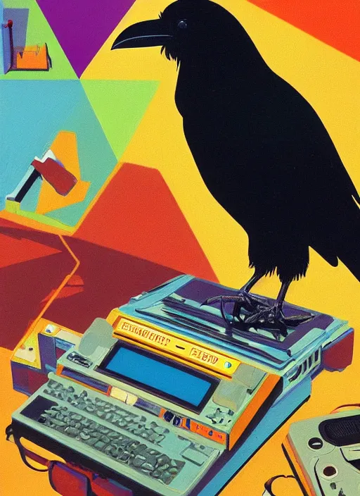 Image similar to a raven digging through 8 0 s era technology, vintage shapes, retro technology, happy color, wayne barlow, oil on canvas, deep depth of field, masterpiece, cinematic composition, hyperdetailed