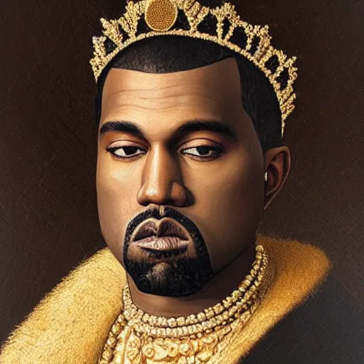 Image similar to a renaissance style portrait painting of kanye west wearing a crown