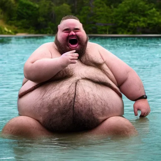 Prompt: a leaked photo of a screaming, hairy, fat man that is wearing a swimsuit and kissing the worlds largest toad