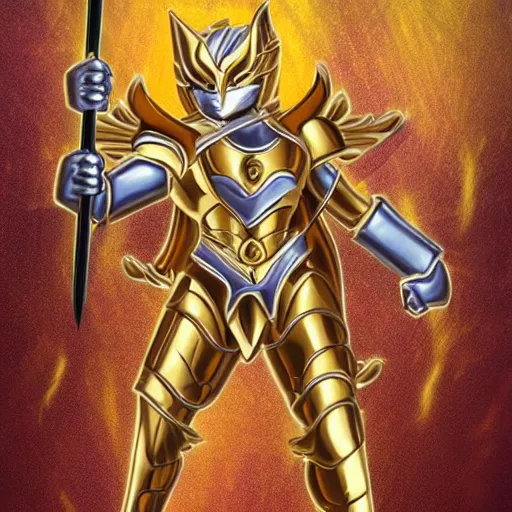 Prompt: Saint Seiya, The Golden Cat Armor knight, greek temple background, detailed, realistic