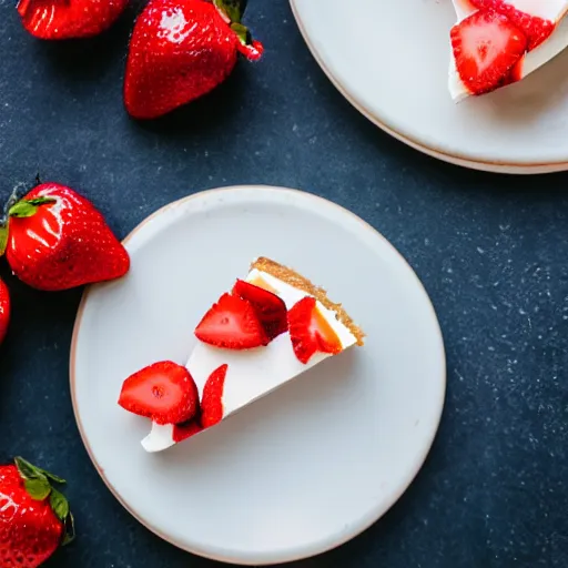 Prompt: professional food photo of a perfect slice of cheesecake topped with strawberries, 35mm film