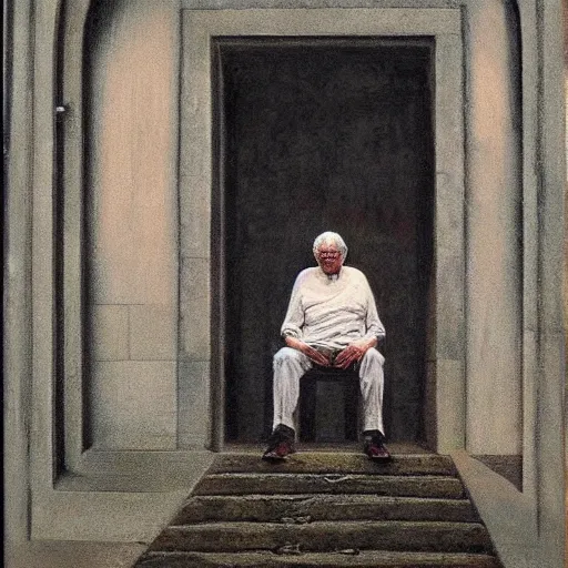 Prompt: a coherent award - winning beautiful!!! portrait of a calm bernie sanders, sitting on temple stairs, painted by zdzislaw beksinski