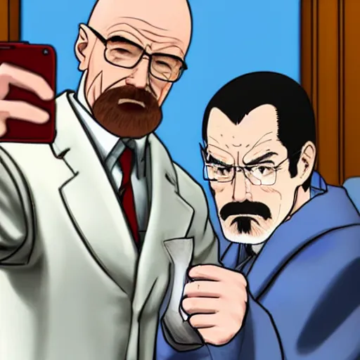 Image similar to walter white doing a selfie with phoenix wright, realistic, cool, nice, beautiful