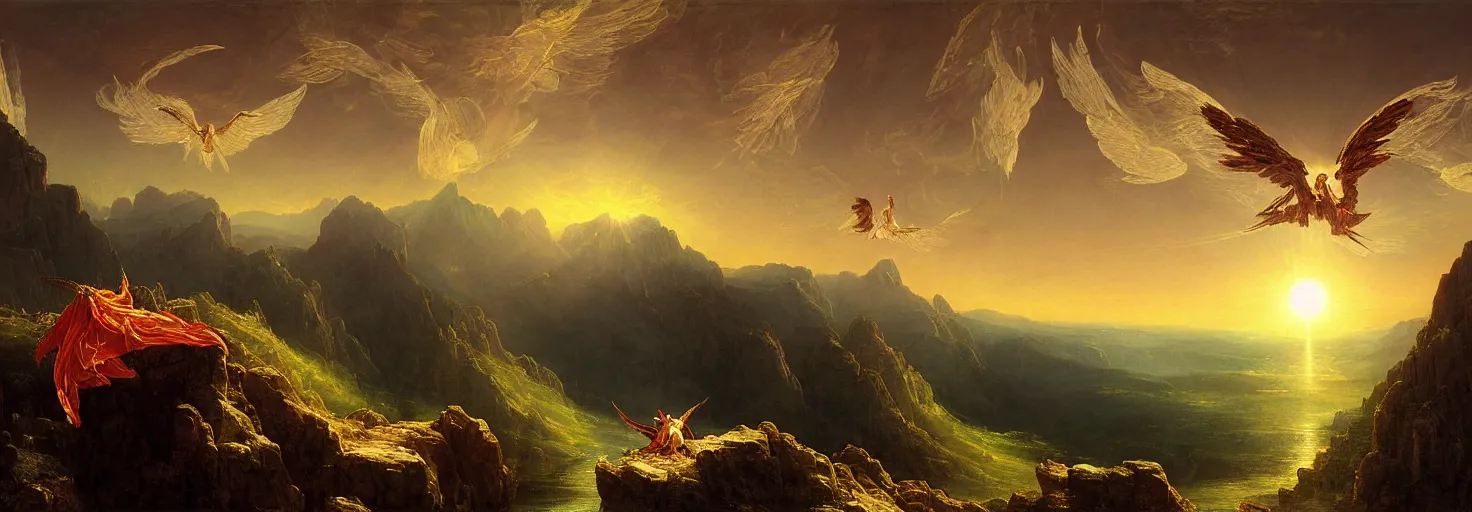 Prompt: Icarus with his wings on fire in a downward tailspin while Daedalus bows his head in disbelief from his workshop in the mountains below. in the style of a surreal and awe-inspiring thomas cole and albert Bierstadt digital art panoramic landscape painting at sunset. unreal engine, 4k, matte, exquisite detail, lens pop