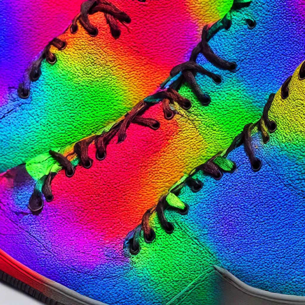 Image similar to photography of a realistic rainbow color air force sneaker, ultra detailed, 8 k, black background