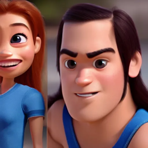 Prompt: young beautiful athletic Filipino woman with long hair and a handsome caucasian athletic thin man with short buzzed hair, high widows peak, stubble on his face, both depicted as Pixar characters, high quality cg render
