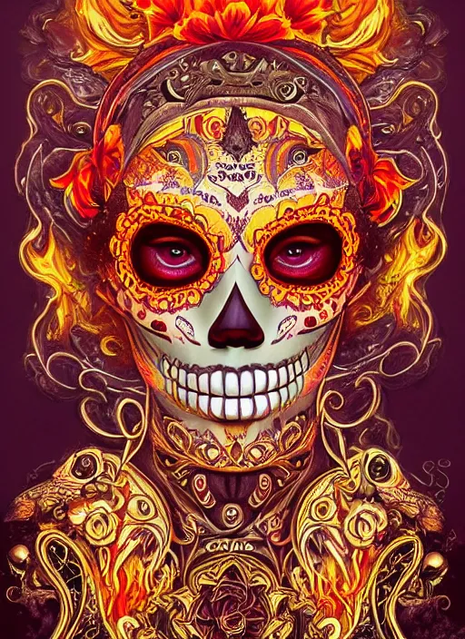 Image similar to portrait of a sugar skull, flaming eyes, intricate, highly detailed, smooth, digital illustration, artstation, the dark and quirky art of scott radke