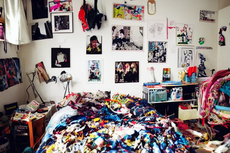 Prompt: photograph of messy 9 0 s bedroom