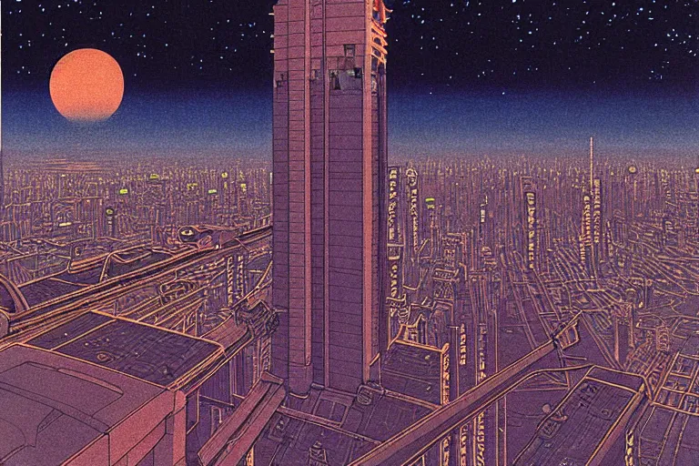 Image similar to a scifi illustration, Night City on Coruscant by hasui kawase