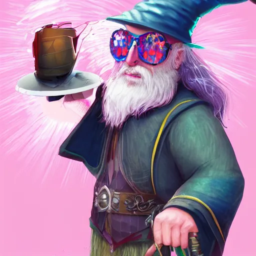 Prompt: a wizard wearing sunglasses drinking a magical potion, digital art, fantasy, artstation, 4k, award-winning, epic