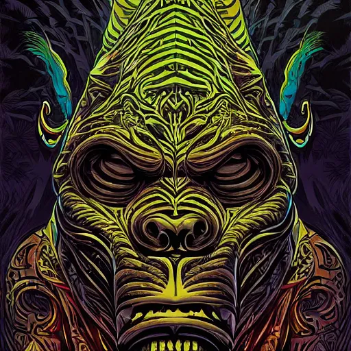 Image similar to barong family member, wiwek, mara demon, one single tribe member, jungle, one single mask, dark, ancient warrior, gorilla, lizard, tribal, inner glow, art by dan mumford and justin gerard