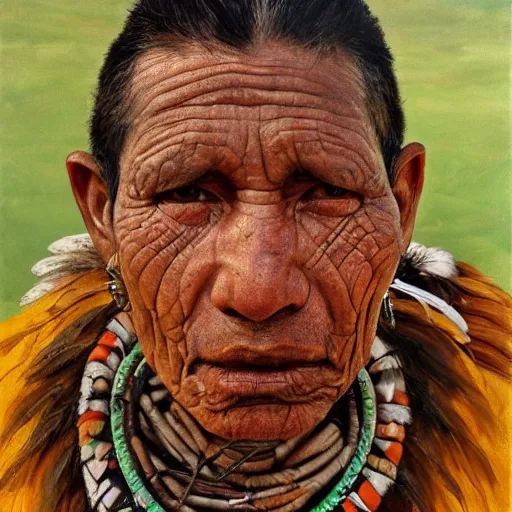 Prompt: high quality high detail painting by lucian freud, hd, portrait of a indigenous tribe man, photorealistic lighting