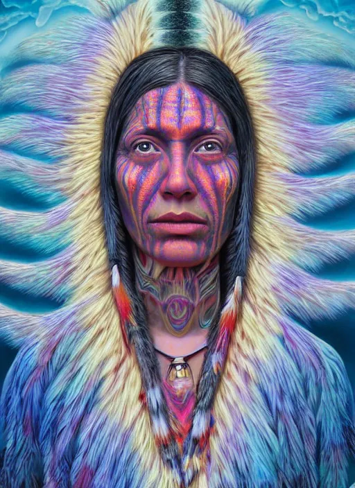 Prompt: portrait ultra dimensional native american woman shaman, accidentally tripping on dmt and acid, psychedelic experience, overwhelming psychosis of self realization and burning awakening, ultra high definition, unreal engine 5, hyperrealism, masterpiece composition, by casey weldon, barclay shaw