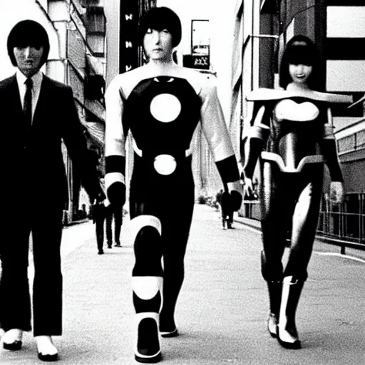 Image similar to japanese 70s black and White TV show, Photorealistic, cyborg superheroes walking the streets of Shinjuku