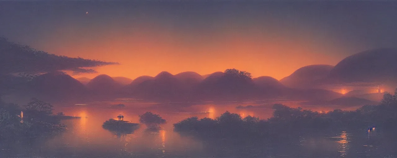 Image similar to awe inspiring bruce pennington river landscape, digital art painting of 1 9 6 0 s, japan at night, 4 k, matte
