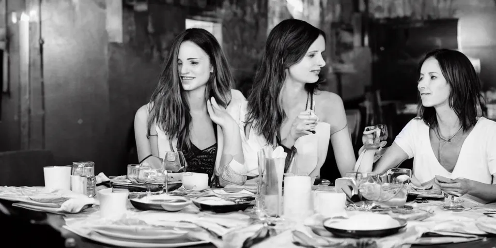 Image similar to b & w photo of two beautiful woman having dinner,