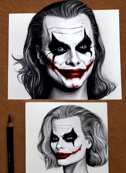 Image similar to a drawing of margot robbie with joker makeup, ace card, realistic face, black and white, hyper realistic, highly detailed