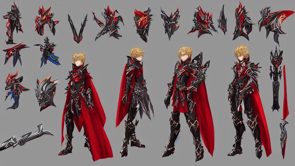 Prompt: Azure Makai Knight from Golden Knight Garo character design sheet, intricate trident weapon, red cape, trending on artstation