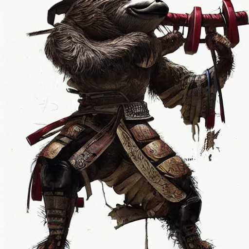 Prompt: graphic, hyperreal, portraiture illustration of anthropomorphic sloth in traditional samurai armor : : digital art, concept art, character development : : illustrated by artgerm, yoji shinkawa, scott buoncristiano, nychos