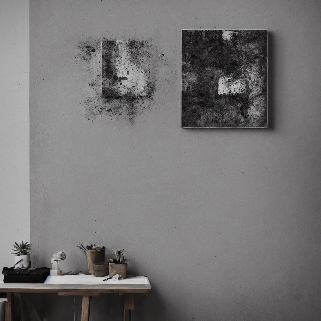 Prompt: a photo of square canvas mounted on a grey wall, grunge, messy, ruined