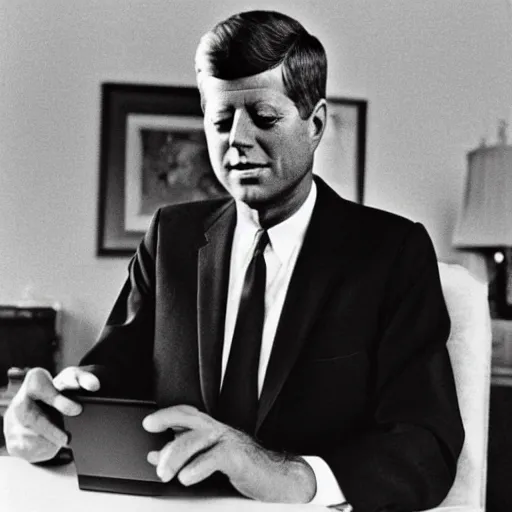 Image similar to 1 9 7 0 s vintage photograph of john f kennedy using an ipad, very detailed, very intricate, photorealistic,