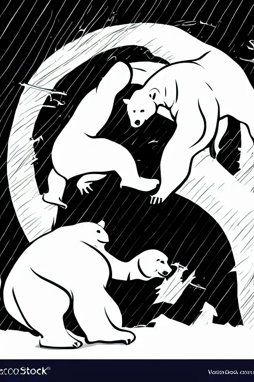 Image similar to a vector based illustration about a ninja fighting a polar bear in the style of die cut sticker, negative space is mandatory, no gradients, black ink on white background, smooth curves, vector spline curve style