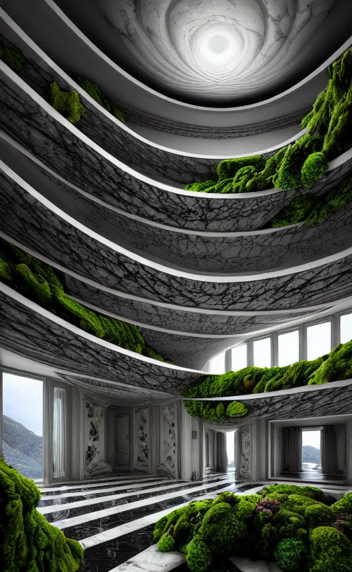 Image similar to highly detailed ultra sharp 3 d render villa interior cinematic composition of a smooth ceramic porcelain biomorphic magnolia stone nebula fluid fractal sci - fi surreal architecture landscape, granite, metallic, magnesium, marble, moss and lichen, vincent callebaut composition, mamou - mani, archviz, beautiful lighting, 8 k, unreal engine, hdr,