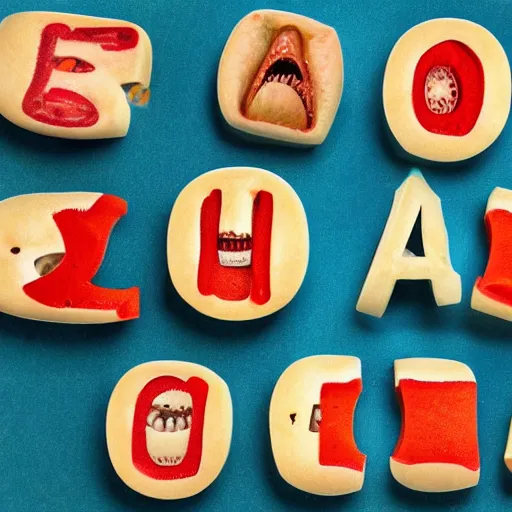 Image similar to alphabet soup with human teeth inside