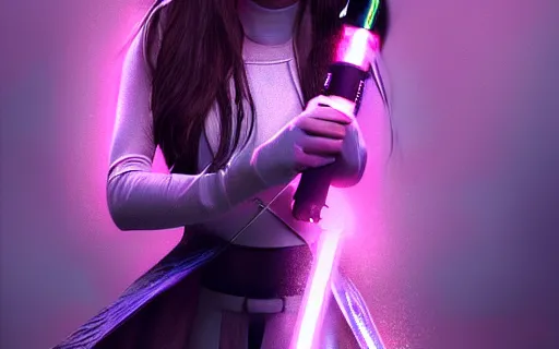 Prompt: A hyper realistic photo of Ariana Grande in the Star Wars universe with two pink lightsabers. Maximum detail on artstation, photo realism