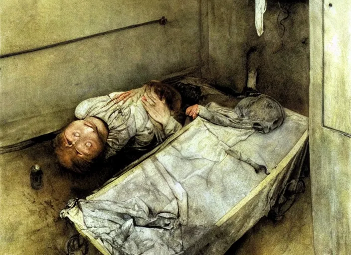 Prompt: poor child in a coma in a dirty makeshift hospital, painting by andrew wyeth and alan lee, very detailed, somber mood,