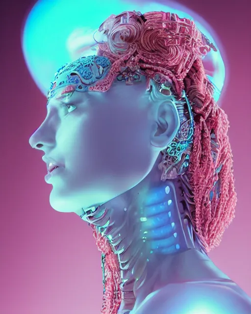 Image similar to natural light, soft focus portrait of an android with soft synthetic pink skin, blue bioluminescent plastics, smooth shiny metal, elaborate ornate head piece, piercings, skin textures, by annie liebovotz, paul lehr