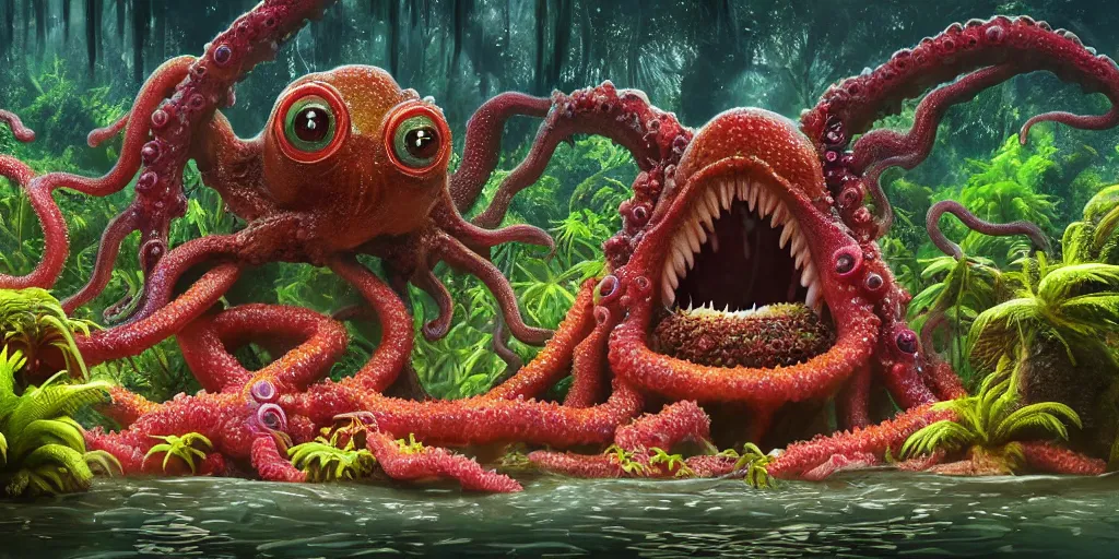 Image similar to of a tropical rainforest lake with strange cute friendly happy creatures with huge eyes, mouth, long tongue, round teeth and tentacles appearing from sandy coral, in the style of gehry and gaudi, macro lens, shallow depth of field, ultra detailed, digital painting, trending artstation, concept art, illustration, cinematic lighting, photorealism, epic, octane render