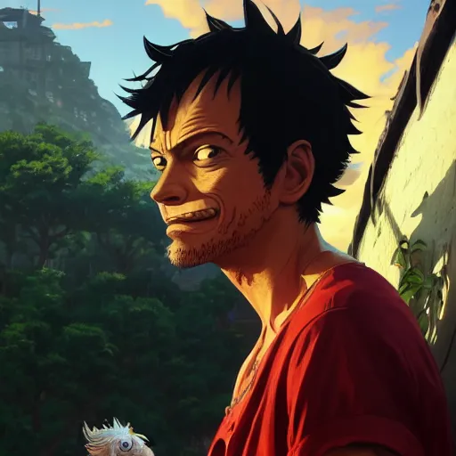 Image similar to highly detailed portrait luffy in gta v, stephen bliss, unreal engine, fantasy art by greg rutkowski, loish, rhads, ferdinand knab, makoto shinkai and lois van baarle, ilya kuvshinov, rossdraws, tom bagshaw, global illumination, radiant light, detailed and intricate environment