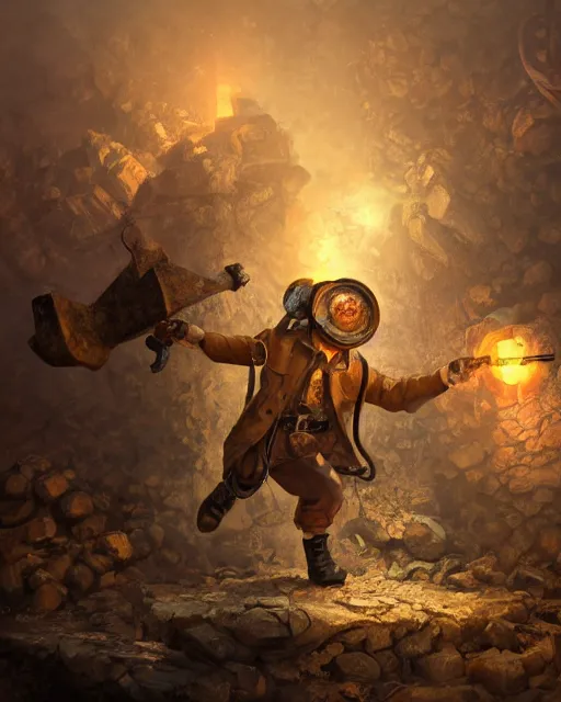 Prompt: oil painting of hamster miner mining gold with pickaxe, steampunk style, close shot, full body, narrow dark steampunk mine shaft background, sharp focus, fantasy style, octane render, volumetric lighting, 8k high definition, by greg rutkowski, highly detailed, trending on art Station, dungeons and dragons artwork, centered