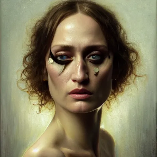 Prompt: highly detailed oil painting | very intricate | cinematic lighting | award - winning | portrait of ruta gedmintas with eyepatch | by roberto ferri, by tom bagshaw, by j. c. leyendecker and klimt, american romanticism, by austin osman spare, artstation, cgsociety, official art, octane