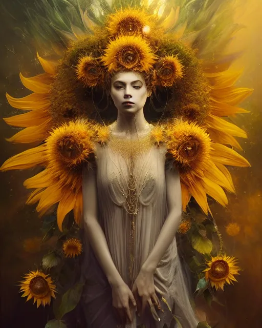 Image similar to Full View Portrait Mystical ethereal sunflower deity wearing beautiful dress, sunflower Dryad beautiful dress, 4k digital masterpiece by Greg Rutkowski and Ruan Jia and rossdraws, Alberto Seveso, fantasycore, Hyperdetailed, realistic oil on linen, soft lighting, Iconography background, featured on Artstation