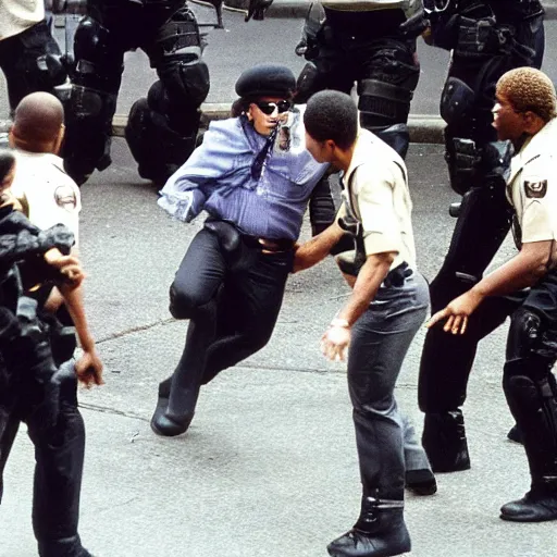 Prompt: michael jackson getting raided by swat team