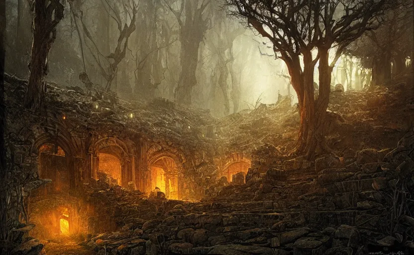 Image similar to A highly detailed dark forest path leading to an ominous and evil looking ancient stone temple ruins, rubble everywhere, at twilight, an evil feeling looms over the place with ethereal light in the distance, full color by Craig Mullins, Larry Elmore, Andrea Rocha, Alan Lee
